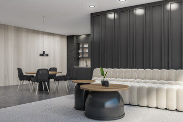 Modern white and gray office waiting room and kitchen corner