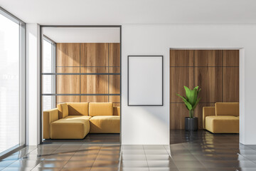 White and wooden office waiting room with vertical poster