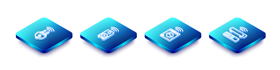 Set Isometric line Smart electric plug, stereo speaker, washer and Wireless TV box receiver icon. Vector