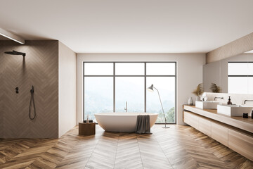 Panoramic white and wooden bathroom interior