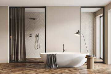 Fototapeta na wymiar White bathroom interior with tub and shower stall