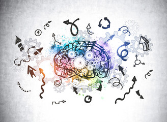 Creative colourful brain sketch with gears, arrows and lines