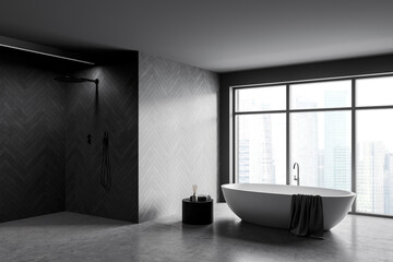 Panoramic grey and wooden bathroom corner, tub and shower