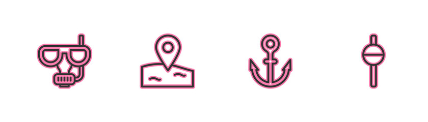 Set line Diving mask and snorkel, Anchor, Location fishing and Fishing float icon. Vector