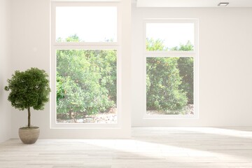 Naklejka na ściany i meble White living room with sofa and summer landscape in window. Scandinavian interior design. 3D illustration