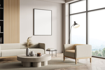 Minimalistic white living room corner with sofa, bookcase and coffee table © ImageFlow