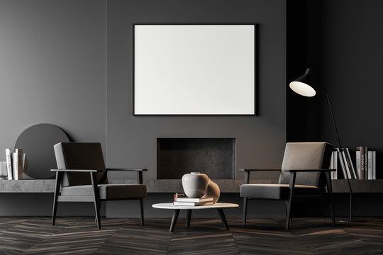 Grey living room interior with armchairs and fireplace, mockup poster