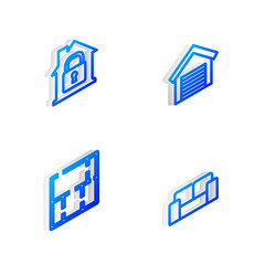 Set Isometric line Garage, House under protection, plan and Sofa icon. Vector