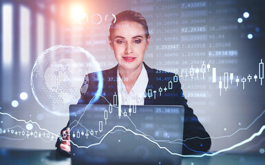 Businesswoman using laptop, digital hud with globe and numbers