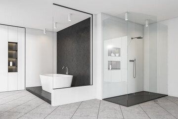 Bathroom interior with shower, bathtub on podium with shelf