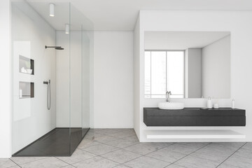 Bathroom interior with shower, sink with mirror and windows