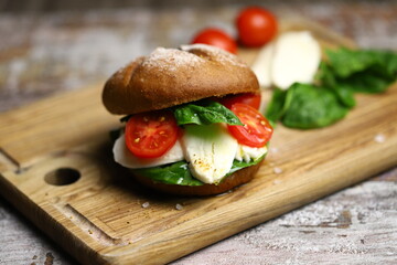 Mozzarella sandwich with tomato and spinach. Caprese sandwich.