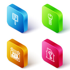 Set Isometric line Parking, House key, Hanging sign with For Rent and icon. Vector