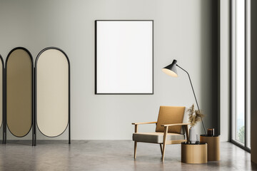 Light grey living room interior with armchair and poster