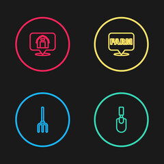 Set line Garden pitchfork, trowel spade shovel, Location farm and house icon. Vector