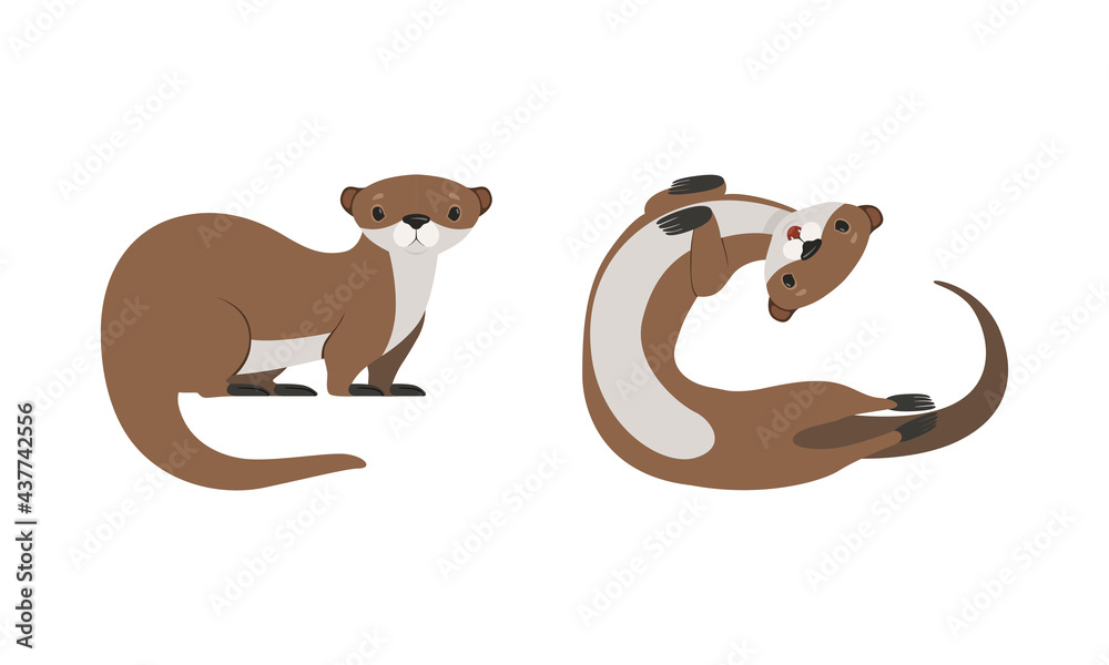 Sticker Set of Cute Weasel, Adorable Funny Otter Animal Cartoon Vector Illustration