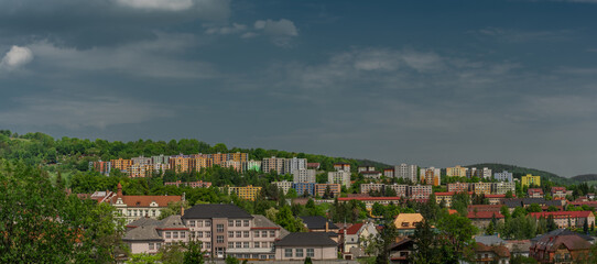 Fototapeta premium Housing estate in Vimperk town in Sumava national park in spring sunny day