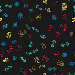 Set line Plant, Dumbbell, Bottle of liquid soap and Heart in hand on seamless pattern. Vector