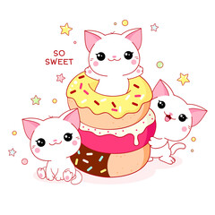 Cute yummy card in kawaii style. Three lovely cats with donuts