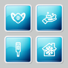 Set line Medical protective mask, Washing hands with soap, thermometer and Stay home icon. Vector