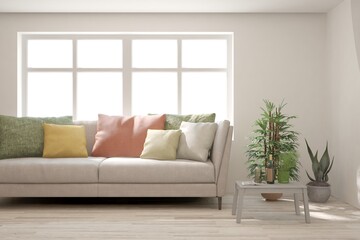 White living room with sofa. Scandinavian interior design. 3D illustration