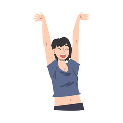 Happy Girl Standing Raising her Hands, Young Woman Celebrating Success Cartoon Vector Illustration