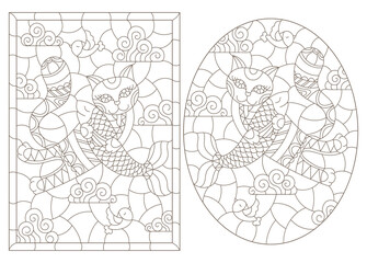A set of contour illustrations in the style of stained glass with cute cartoon cats and fish on the background of the sky, dark outlines on a white background