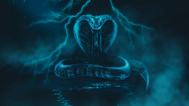 Mystical snake, red neon light. Dark fantastic landscape, night view, light reflection in the water. A terrible big snake goes around the island in the dark. 3d illustration 