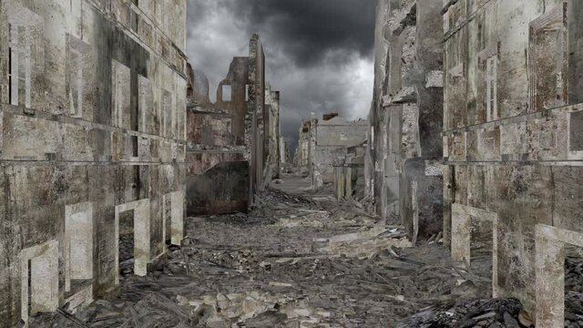 Super realistic walk along the ruined city street after the apocalypse. 3D animation. 