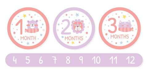 Newborn Baby Monthly Stickers Set, 12 Month Label Templates, First Year of Life Baby Development Vector Illustration