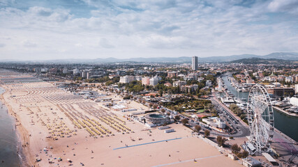 Italy, June 2021 - aerial view of the beach of the Romagna Riviera with Riccione, Rimini and...