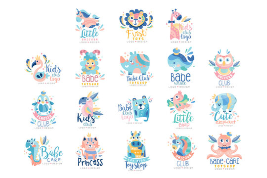 Baby Club Toy Shop Logo Templates Design Set, Kids Club Colorful Labels with Cute Baby Animals Vector Illustration