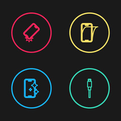 Set line Glass screen protector, USB cable cord, and Shockproof phone icon. Vector