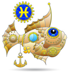Illustration in the style of a stained glass window with a zodiac signs  pisces, figure isolated on a white background
