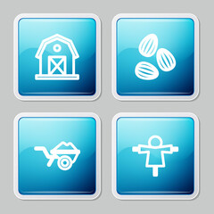 Set line Farm house, Seeds, Wheelbarrow with dirt and Scarecrow icon. Vector