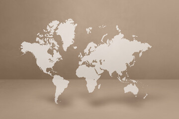 World map on beige wall background. 3D illustration