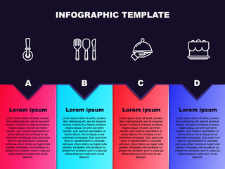 Set line Pizza knife, Fork, spoon and, Covered with tray of food and Cake. Business infographic template. Vector