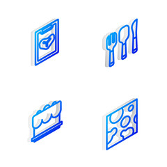 Set Isometric line Fork, spoon and knife, Restaurant cafe menu, Cake and Cheese icon. Vector