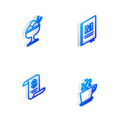 Set Isometric line Restaurant cafe menu, Ice cream in bowl, Paper or financial check and Coffee cup icon. Vector