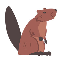 Brown Beaver, Side View of Wild Rodent Animal Cartoon Vector Illustration