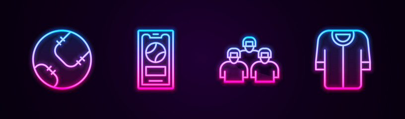 Set line Baseball ball, Mobile with baseball, Team of players and t-shirt. Glowing neon icon. Vector