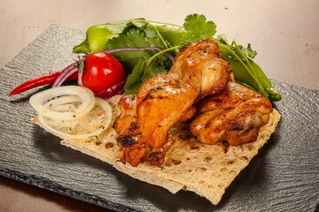 Chicken shashlik – roasted kebab served vegetables