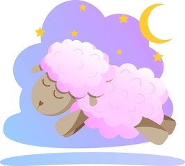Sleepy sheep, flying at night, night dream, stars, moon, pink sheep