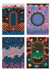 Abstract Psychedelic Illustration Set, Abstract Backgrounds and Patterns for Vintage Style Posters and Covers 