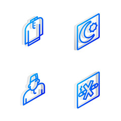 Set Isometric line Star and crescent, Shirt kurta, Muslim man and No Smoking icon. Vector