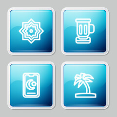 Set line Octagonal star, Medieval goblet, Star and crescent and Tropical palm tree icon. Vector
