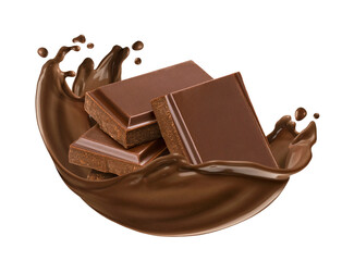 Chocolate bar with chocolate splash isolated on white background