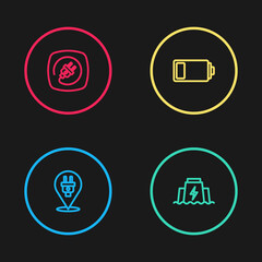 Set line Electric plug, Hydroelectric dam, Battery and icon. Vector