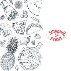 Summer food vector illustration. Variety food sketch collection. Top view engraved illustration. Food design elements.