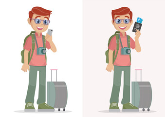 Summer vacation concept. Traveling with baggage and holding passport.